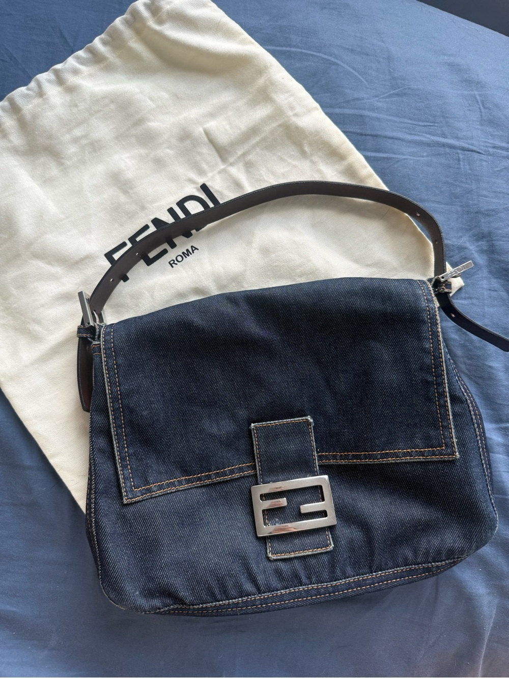 Fendi Blue Denim Mama Baguette Shoulder Bag with Silver Buckle